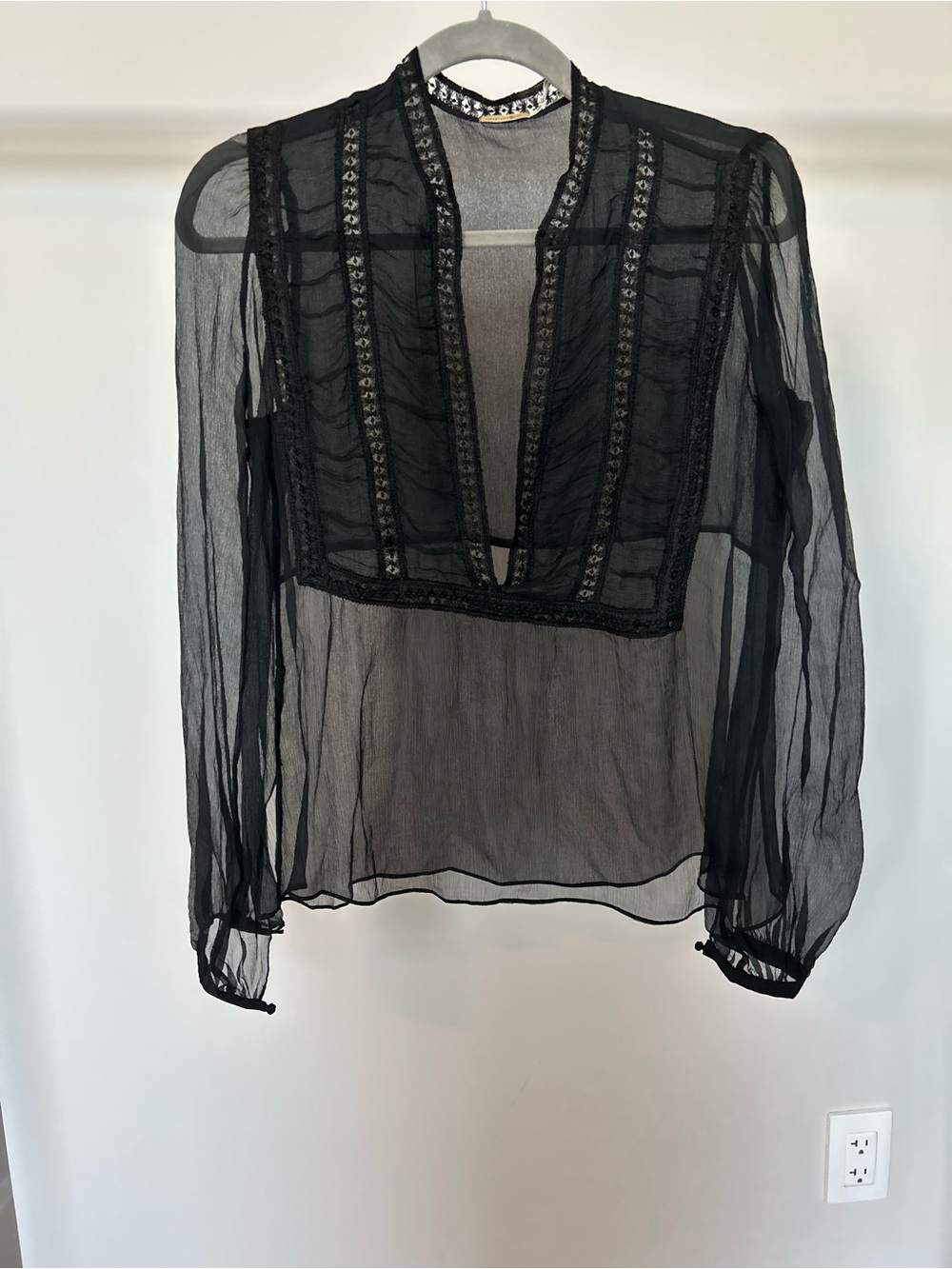Max Studio Sheer Black Long-Sleeve Embroidered Blouse
